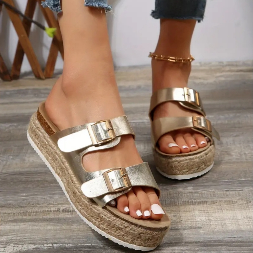 Boutique Gold Leather Wedge Sandals
